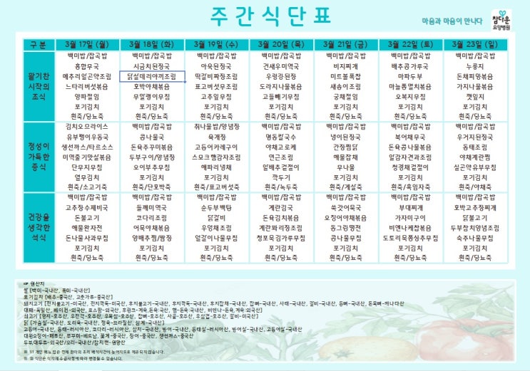  참다운요양병원 25년 3월 셋째주 식단 입니다~!
