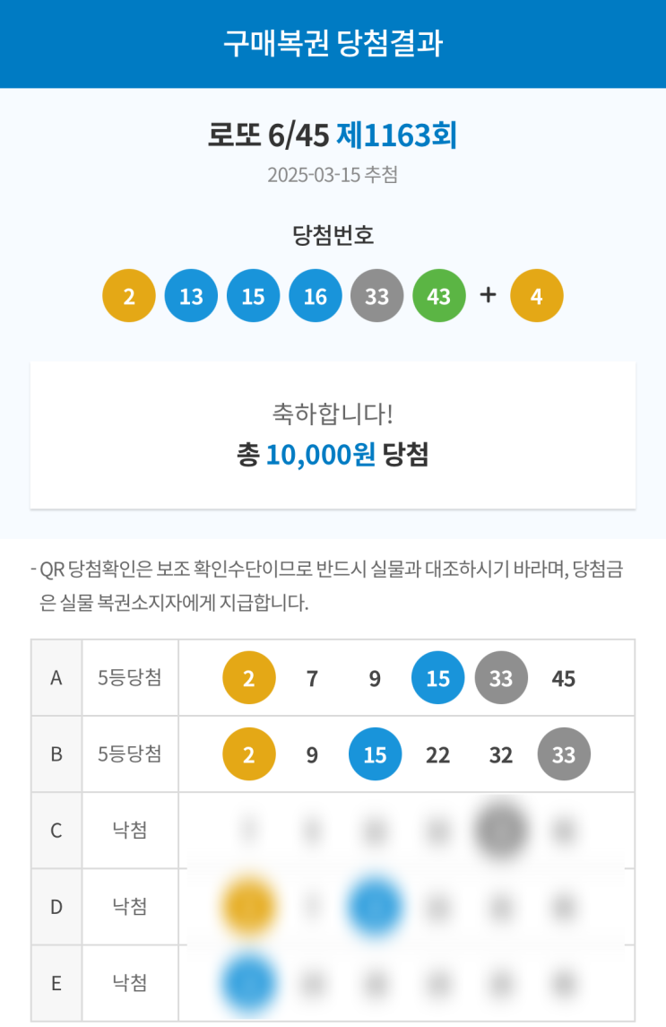  로또 6/45 제1163회 구매복권 당첨결과