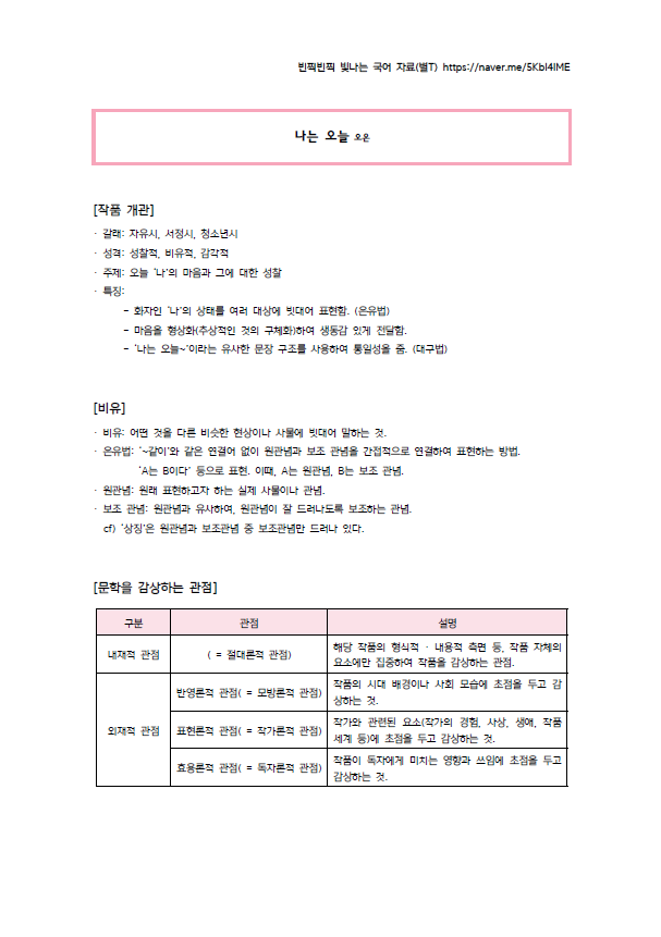  [22 개정][공통국어][창비] 1-(1) 오은 나는 오늘 해설과 핵심 정리, 테스트지