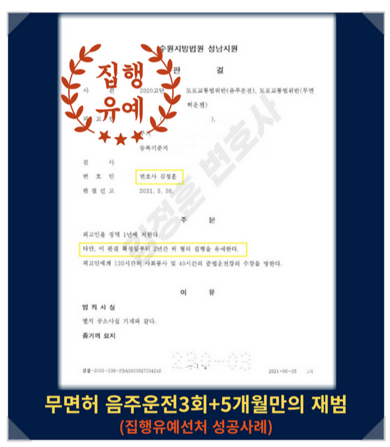  수원용인교통사고변호사 음주운전3회+무면허운전 집행유예 선처 사례