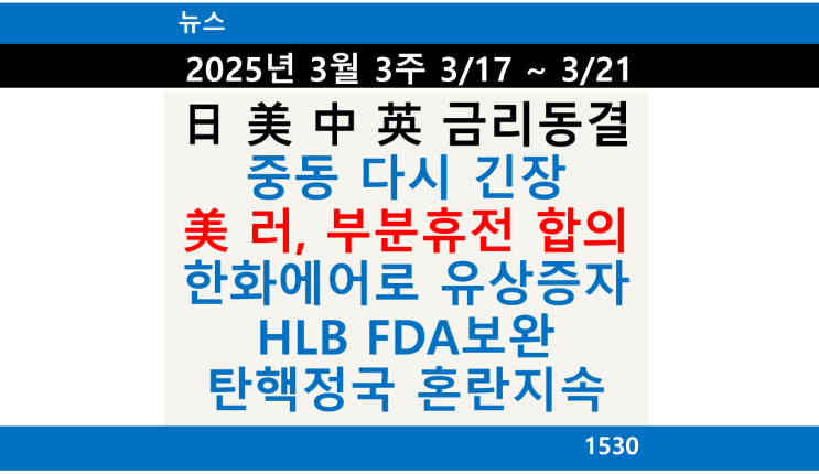 뉴스 주간 요약, 日 美 中 英 금리동결, 중동 다시 긴장, 美 러 부분....