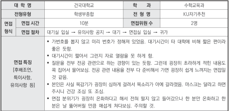  [수원CMA수시입시컨설팅]2024학년도 건국대학교 수학교육과 학생부종합 KU자기추천전형 면접 기출 문제