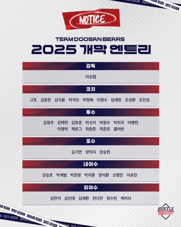 <b>두산</b>베어스 2025 시즌 개막 엔트리 및 개막 <b>선발</b> 콜<b>어빈</b>