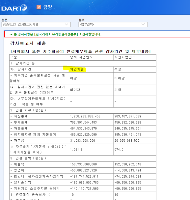  금양, 감사보고서 '의견 거절'... 상장폐지 사유 발생