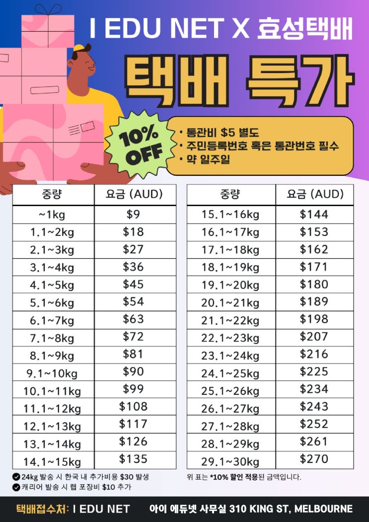  [아이 에듀넷 서비스] 빠르고 합리적인 가격으로 한국으로 택배 보내기! | 한국 국제 배송 효성 택배 | 아이 에듀넷과 10% 할인 가격으로
