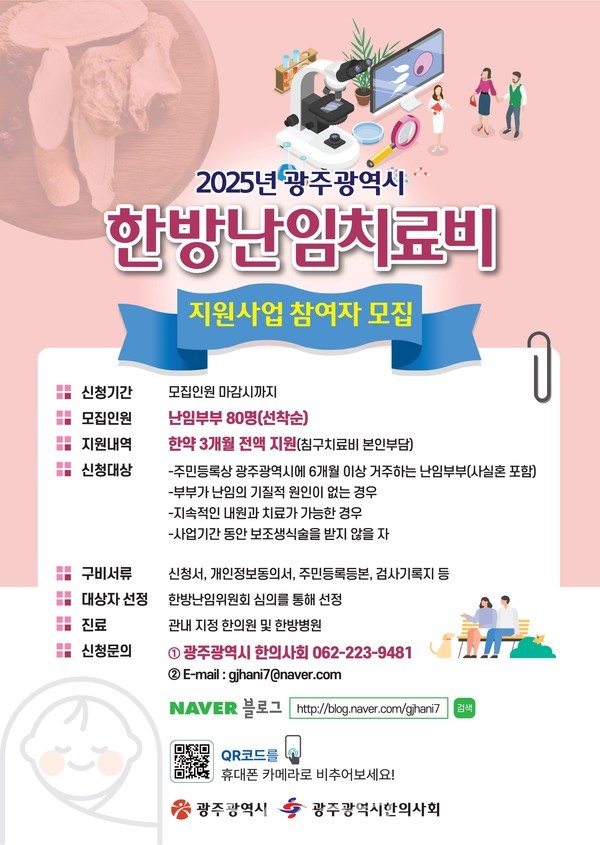  광주시, 난임부부 선착순 80명 모집..한약·검사비 등 한방 치료 최대 124만원 지원