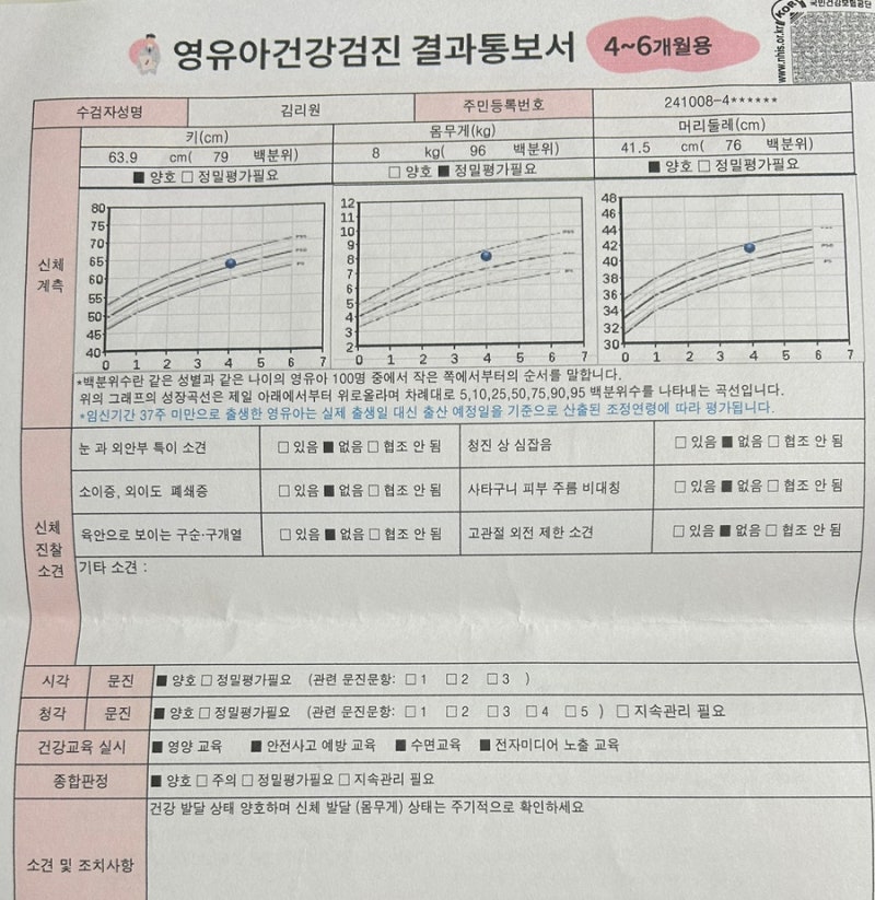 인천 논현동소아과 5개월 아기 영유아검진 기록 이샘별소아청소년과의원 문진표작성 결과통....