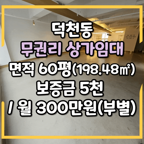  덕천동 젊음의 거리 상가임대, 대형상가 60평이상, 카페시설 무권리금, 덕천초등학교 인근 권리금 없는 상가 임대