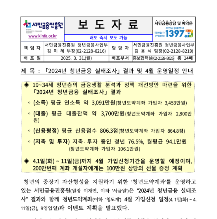  [서민금융진흥원]2024년 청년금융 실태조사 발표