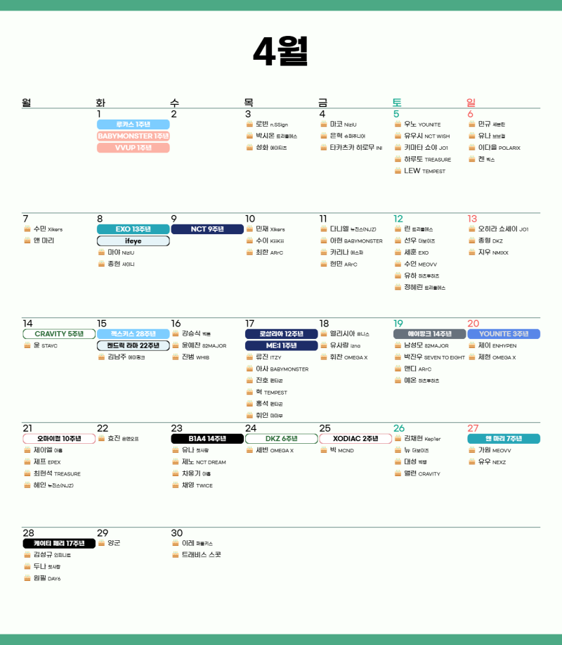 2025년 4월 최애돌 달력