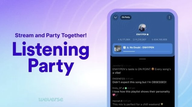  하이브(HYBE) 위버스, 리스닝 파티(Listening Party) 서비스 기능 출시 - 앱 내에서 온라인 파티를 열어 선곡된 플레이리스트를 듣고 실시간 채팅을 나누는 기능 개시