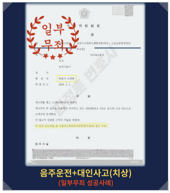  음주운전 대인사고 치상죄 무죄 이끌어낸 분당교통사고변호사 성공사례