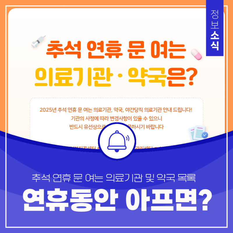 2025년 추석 연휴 때 아프면 어디로 가야 되지? [대전 중구 연휴 때 문 여는 의료기관 · 약국]