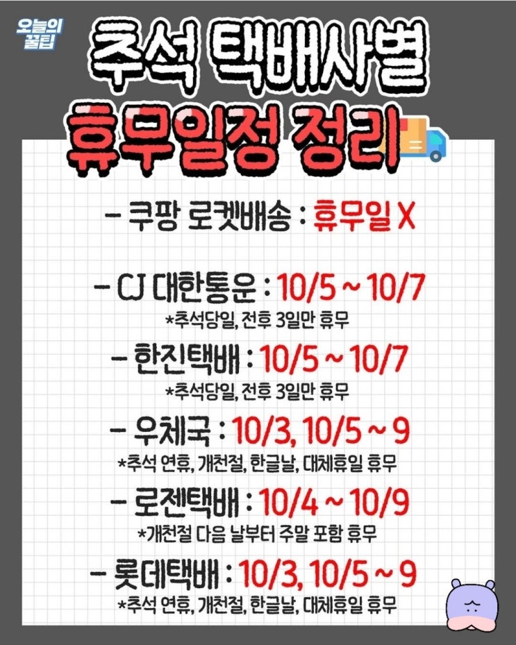  추석 택배사별 휴무일정
