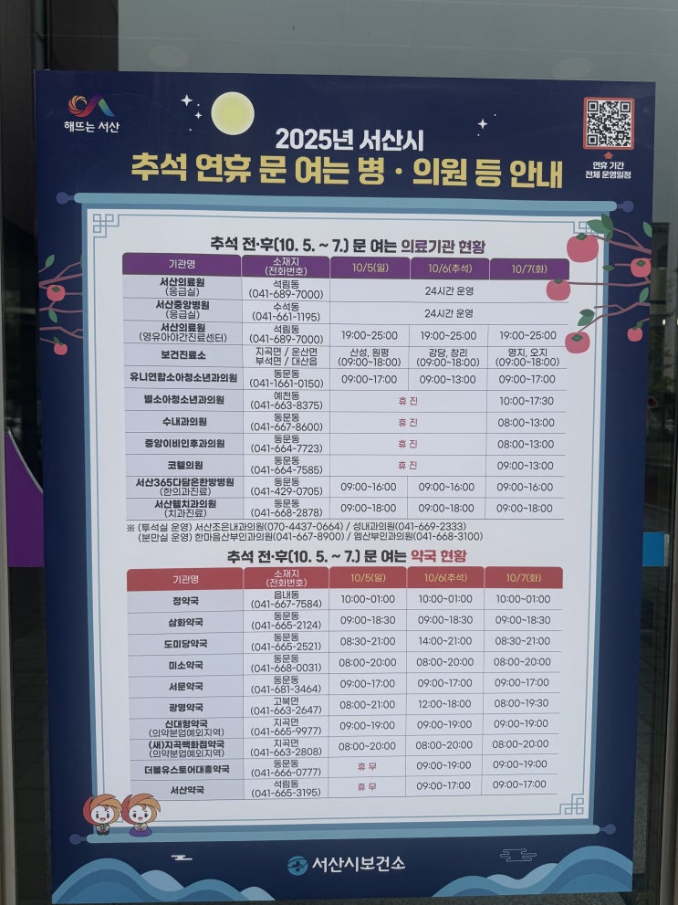  서산 추석 연휴 진료 병원 & 약국 총정리