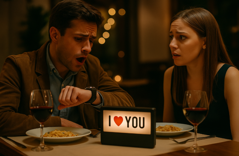 a man and woman sitting at a restaurant table, with the man looking at his watch in surprise
