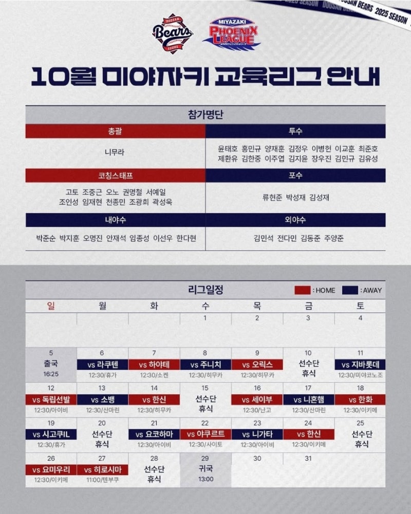 두산베어스 미야자키 피닉스리스(교육리그) 오늘부터 실시(25년 10월 6일~10월 27일)
