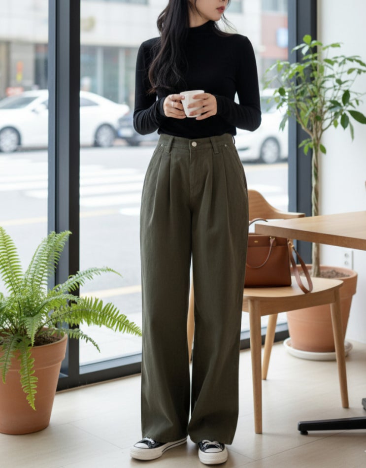 여성 피치 주름 와이드 와일드 면 바지 가을 보들보들 부들 플리츠 캐주얼 꾸안꾸 긴 데일리룩 바지