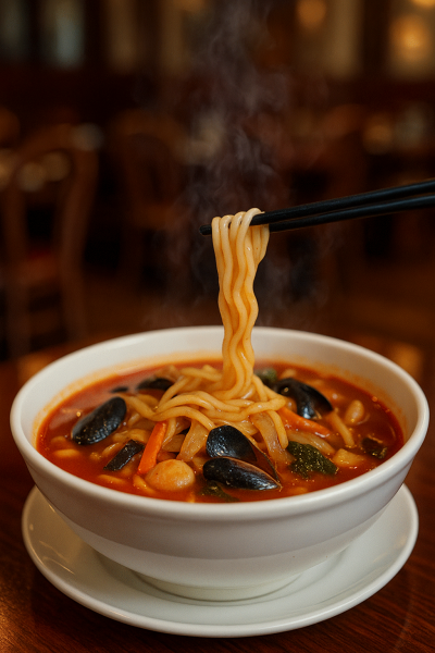 Create an image of delicious jjamppong with noodles being lifted, set in a Chinese restaurant background.