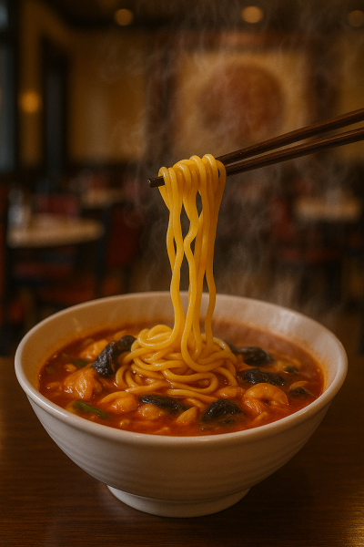 Create an out of focus image of delicious jjamppong in a Chinese restaurant background