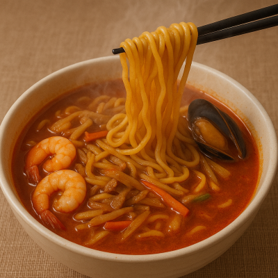 Generate an image of delicious jjamppong with noodles being lifted, showing realistic steam