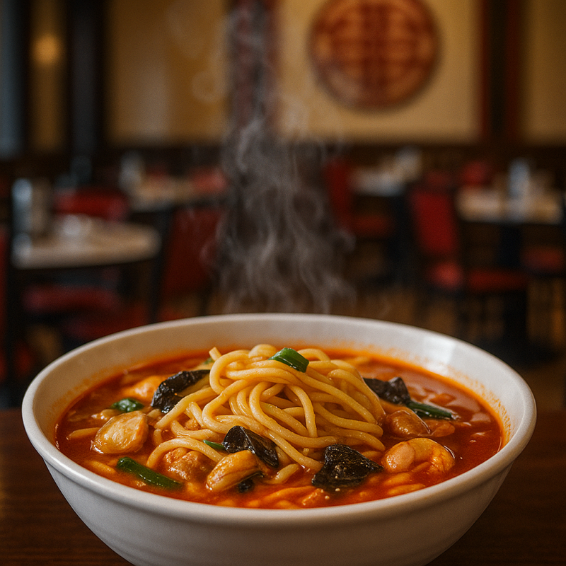 Create an out of focus image of delicious jjamppong in a Chinese restaurant background