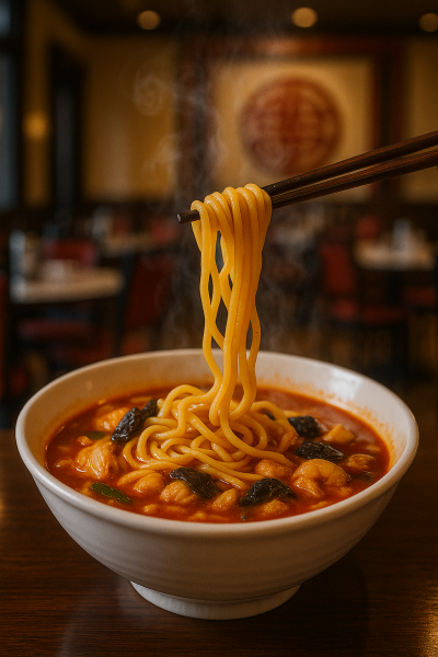 Create an out of focus image of delicious jjamppong in a Chinese restaurant background