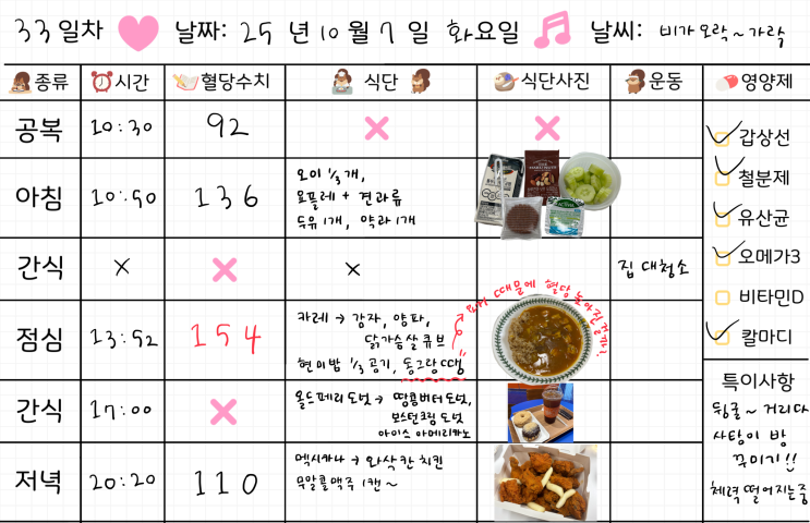  임신 33주차 | 임당식단 33일차 & 혈당체크 | 약과, 카레, 멕시카나 와삭칸 치킨, 랜디스도넛, 초코도넛