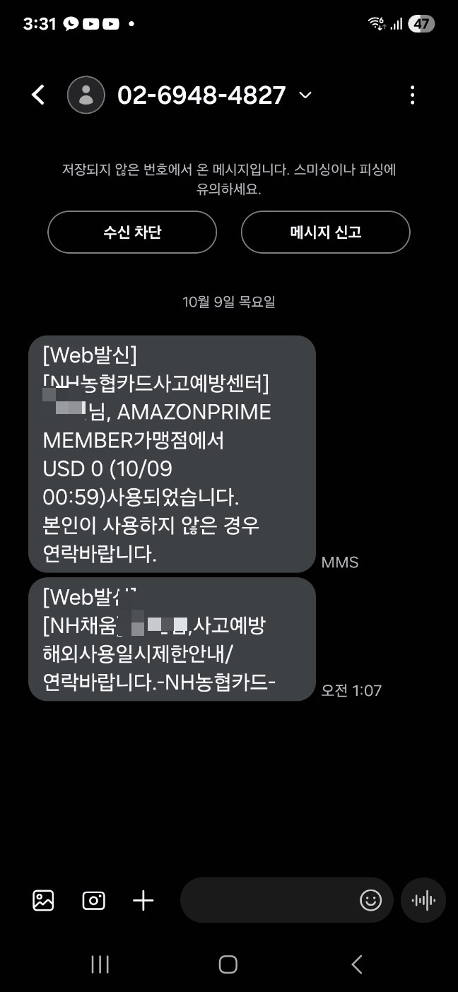  새벽 이상한 결제메일과 문자