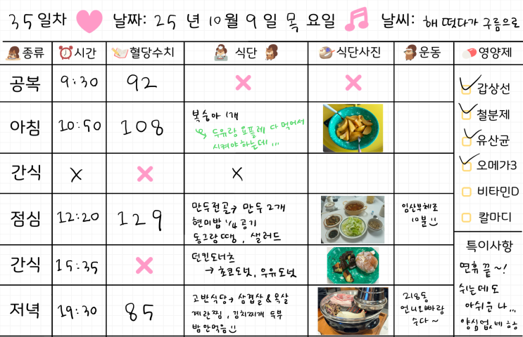  임신 33주차 | 임당식단 35일차 & 혈당체크 | 복숭아, 만두전골, 동그랑땡, 삼겹살, 목살