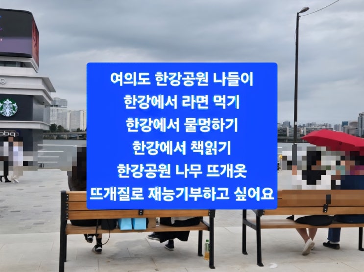  여의도 한강 공원 나들이/여의나루역 3번 출구/한강에서 라면 먹기/한강공원 나무 뜨개 옷