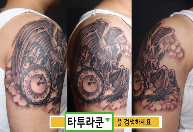  블랙 앤 그레이 사신타투/크로노스/반팔타투/회중시계문신-[홍대 타투라쿤]