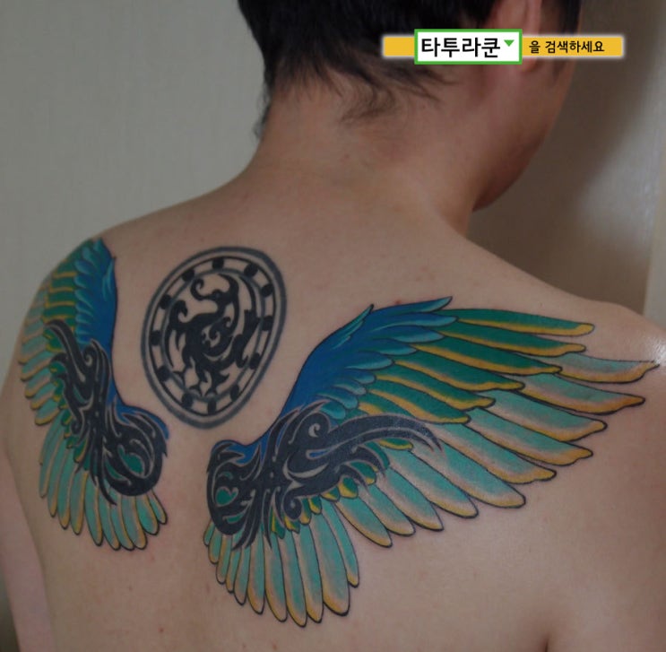  컬러 날개타투/삼족오 트라이벌 타투/ 타샵 트라이벌 연장/대형 날개타투/ 대형타투-[홍대 타투라쿤]
