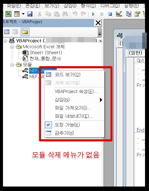  엑셀 VBA 모듈 삭제메뉴 및 속성 안보일때