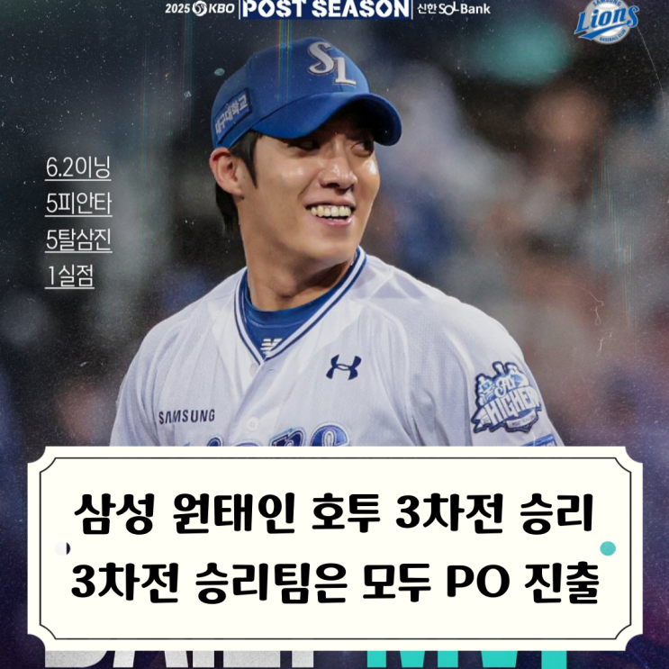 2차전 <b>승리</b> / 에이스 <b>원태인</b> 또 <b>호투</b> 장염 극복못한 앤더슨