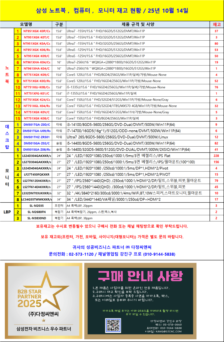   2025년 10월 14일 기준 삼성전자 노트북, 모니터, 데스크탑 재고 현황
