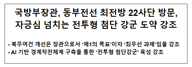 국방부장관, 동부전선 최전방 22사단 방문, 자긍심 넘치는 전투형 첨단 강군 도약 강조
