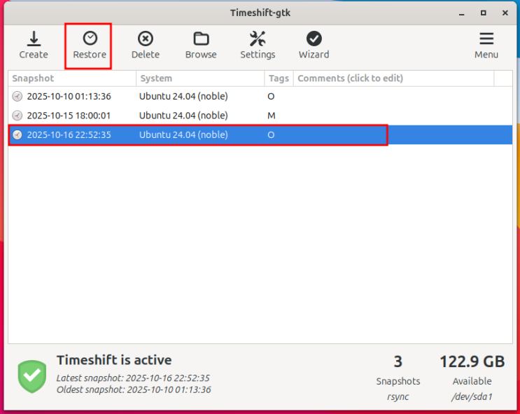  우분투 리눅스 24.04 TIMESHIFT 백업 복원 방법