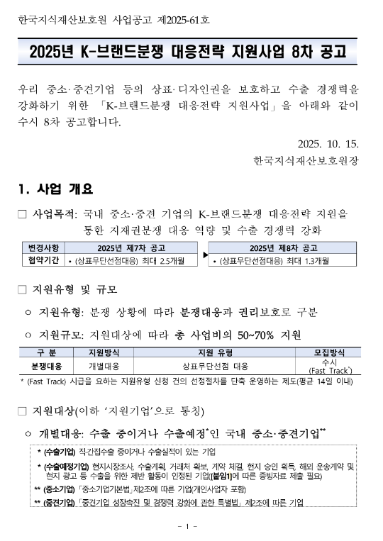  2025년 8차 K-브랜드분쟁 대응전략 지원사업 공고