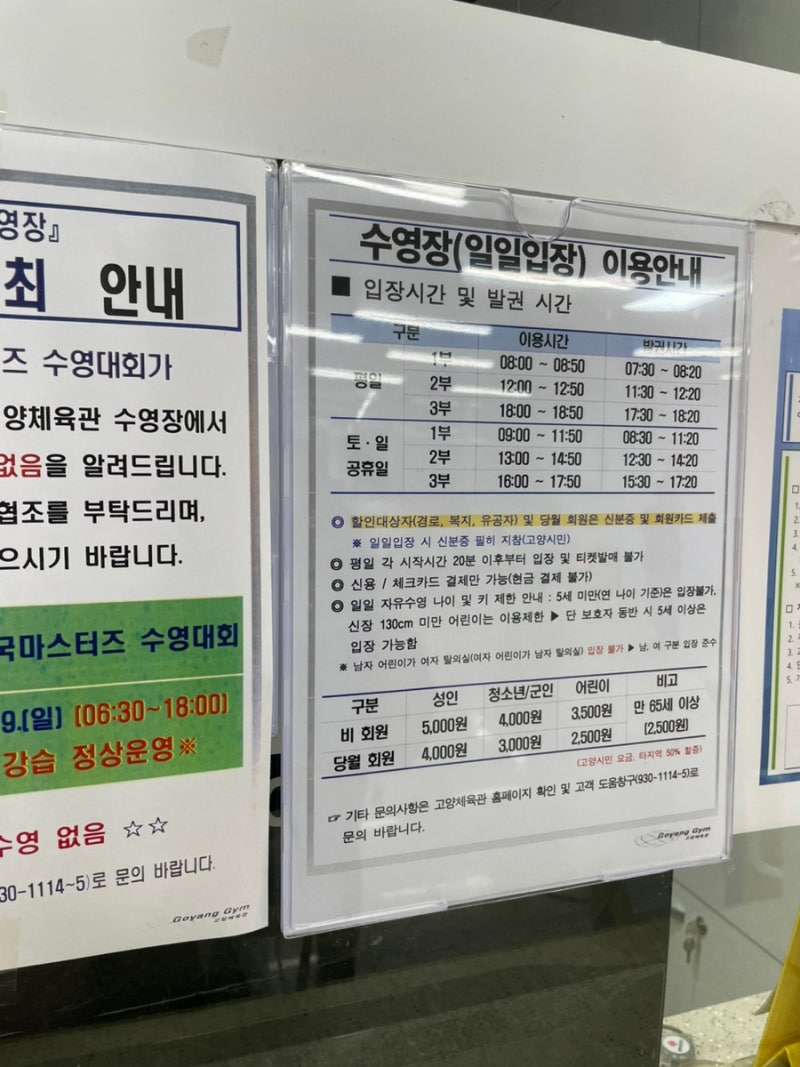고양 마스터즈 수영대회 대비 고양체육관수영장 자유수영 가격 일일수영 시간