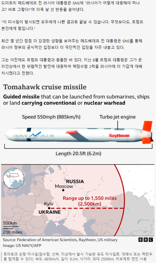 '미국 <b>지원 논의</b>' <b>토마호크</b> 미사일은 러시아와 전쟁 중인... 