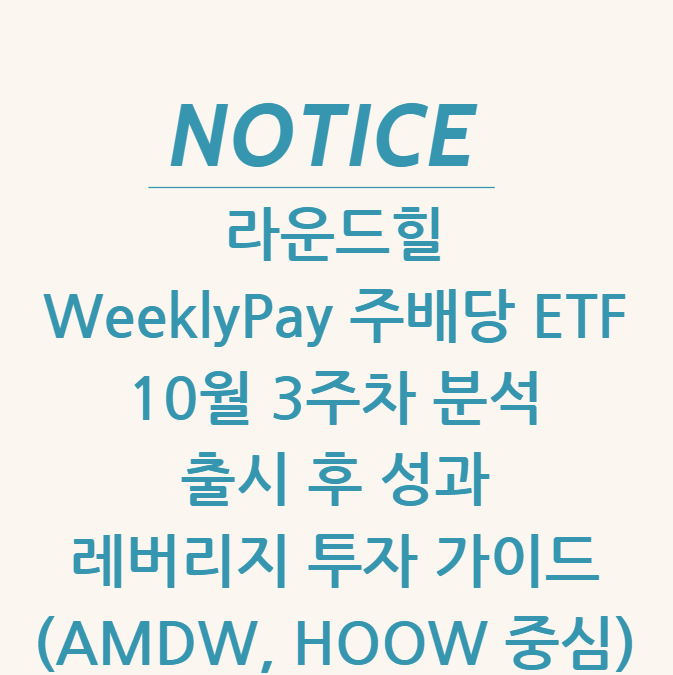  라운드힐 WeeklyPay 주배당 ETF 10월 3주차 분석 출시 후 성과 & 레버리지 투자 가이드 (AMDW, HOOW 중심)