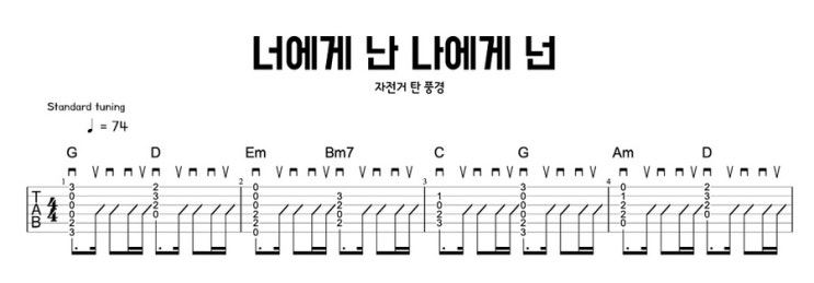  너에게 난 나에게 넌 – 자전거 탄 풍경 기타 코드 타브 악보 / 16비트 스트로크 연습에 좋은 꾸준한 인기곡