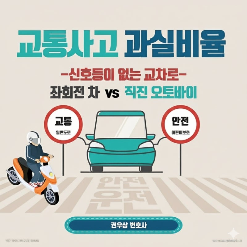 [차 대 이륜차] 신호등이 없는 교차로에서 직진하는 오토바이와 좌회전하던 차량이 부딪혔을 때, 과실비율은? 관련 이미지 1