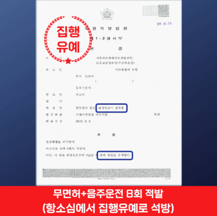  음주운전 8회·무면허 적발 항소심에서 집행유예 석방 성공사례
