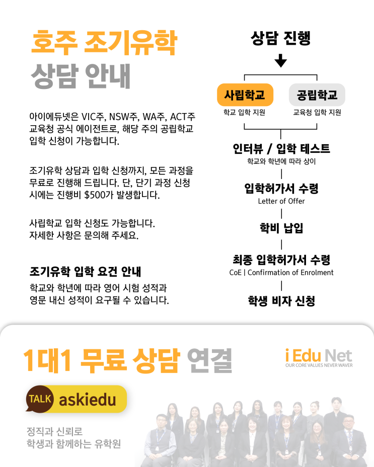  [조기유학] 공립학교 / 사립학교 입학 절차 | 호주 학생비자 상담 진행 절차 | 교육청 공식 에이전트 아이에듀넷 유학원 | 초등/중등/고등