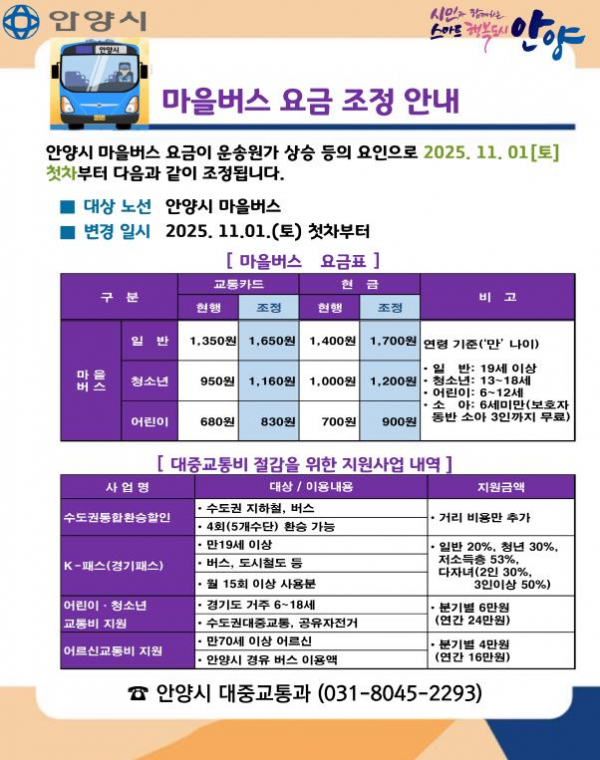  안양 마을버스 11월 1일부터 요금 인상, 시민 부담은 어떻게? [한국철도일보]