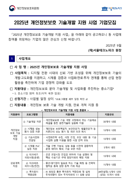 2025년 개인정보보호 기술개발 지원 사업 기업모집 연장 공고