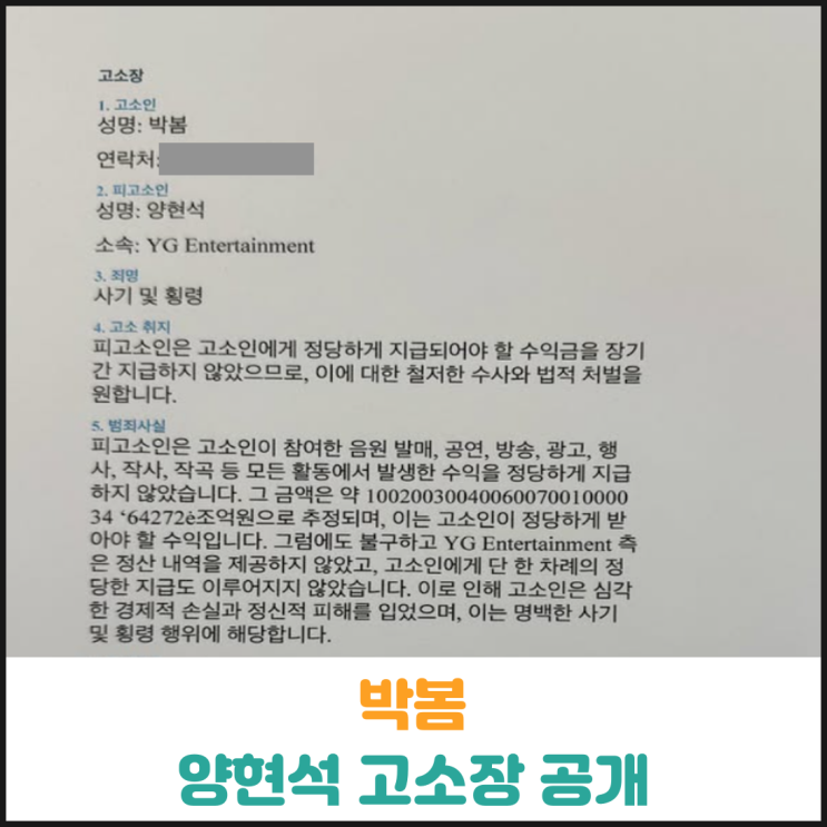  박봄, 양현석 고소장 공개