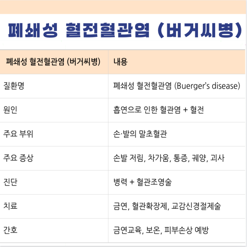 폐쇄성 혈전혈관염 Buerger's diease 버거씨병 뜻 원인 증상 검사 치료 방법